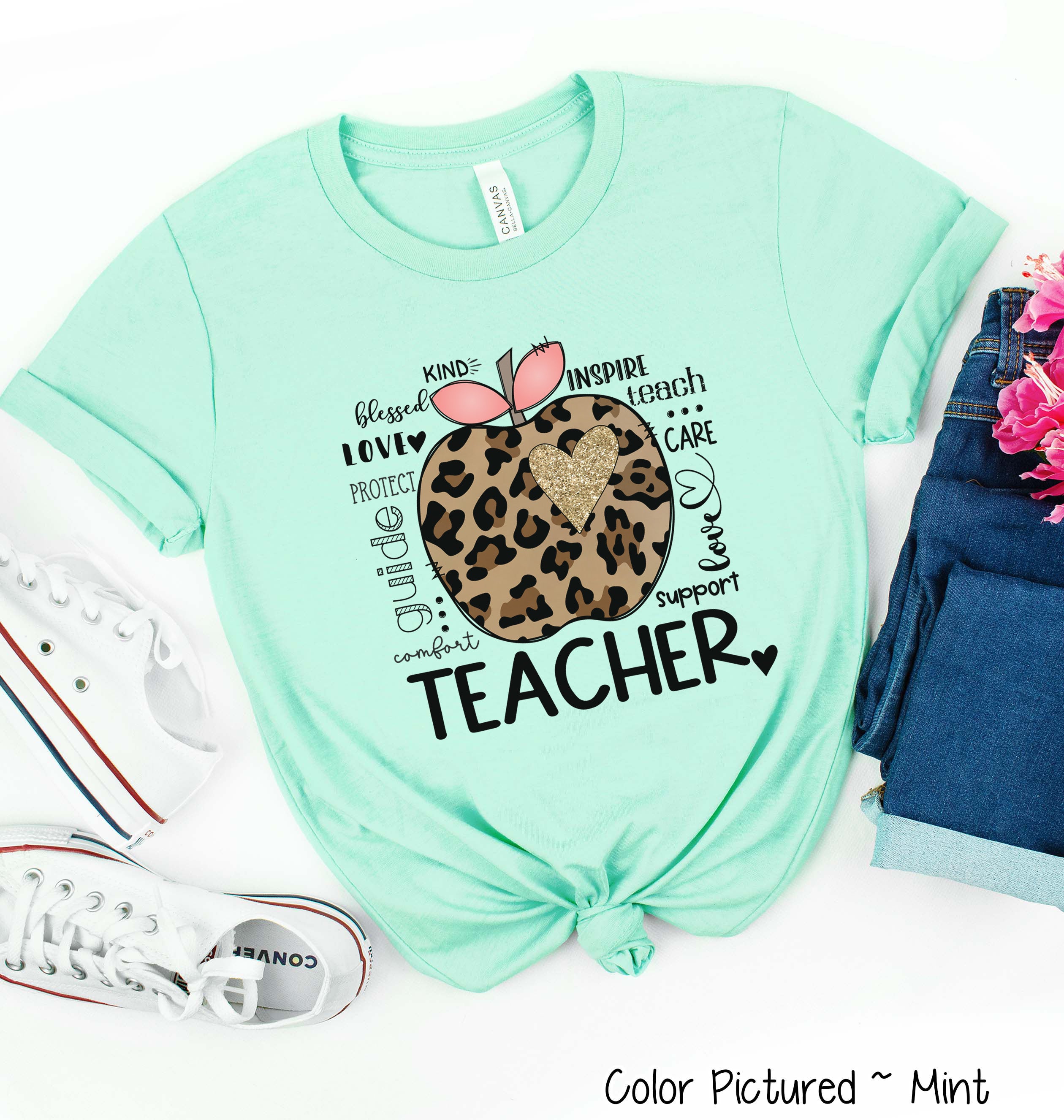 Leopard Apple Teacher Typography Tee