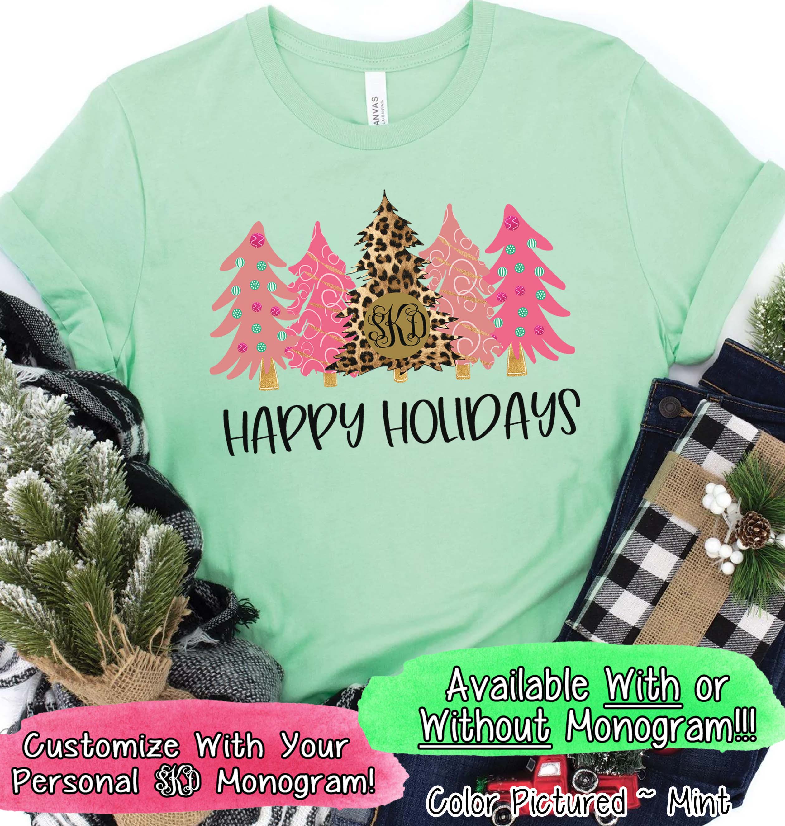 Monogrammed Leopard and Pink Christmas Trees Tee