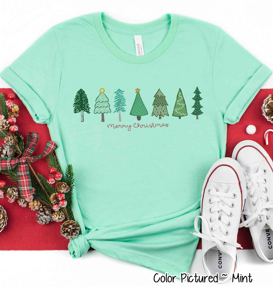 Watercolor Merry Christmas Row of Tree Tee