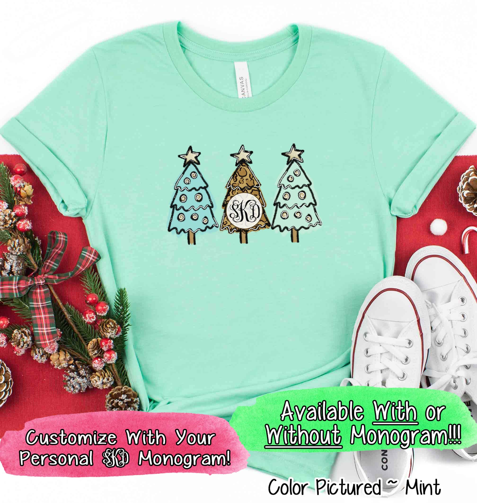 Monogrammed Leopard Print & Blue Christmas Tree Tee