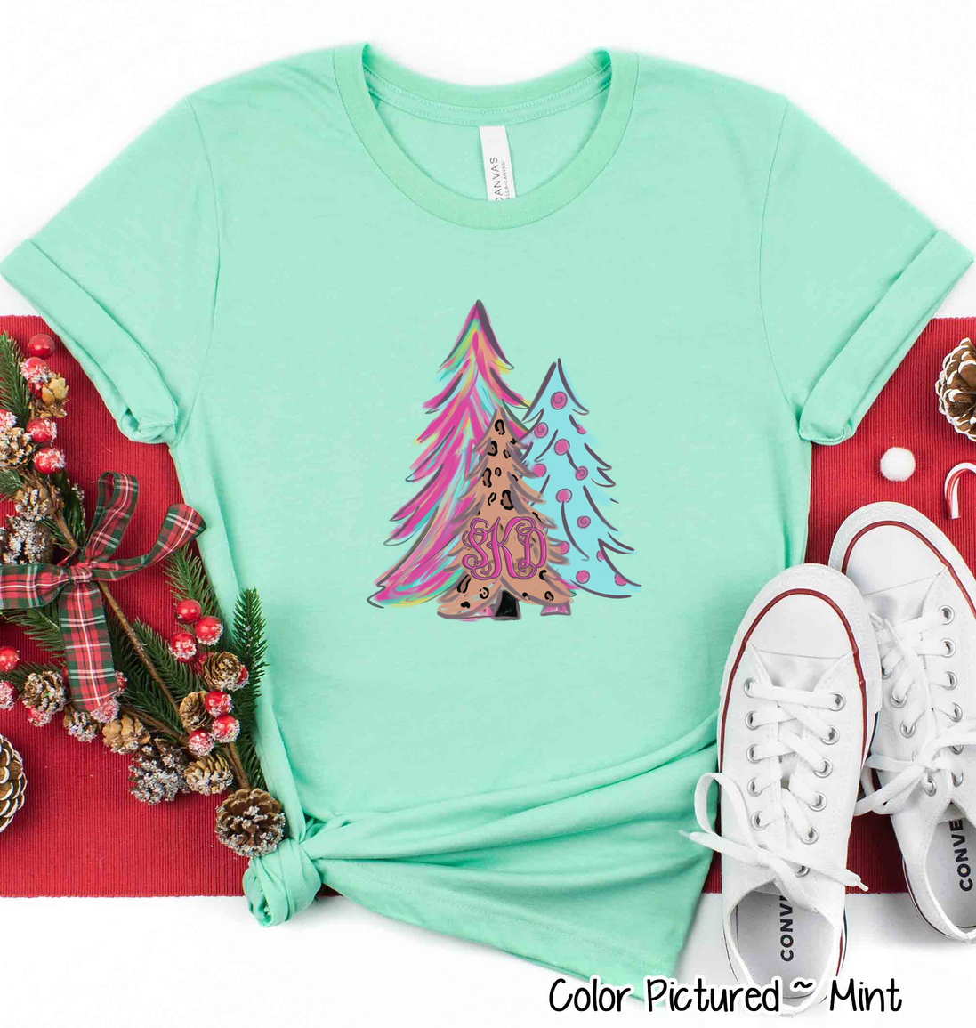 Monogrammed Watercolor Leopard Print Christmas Tree Trio Tee