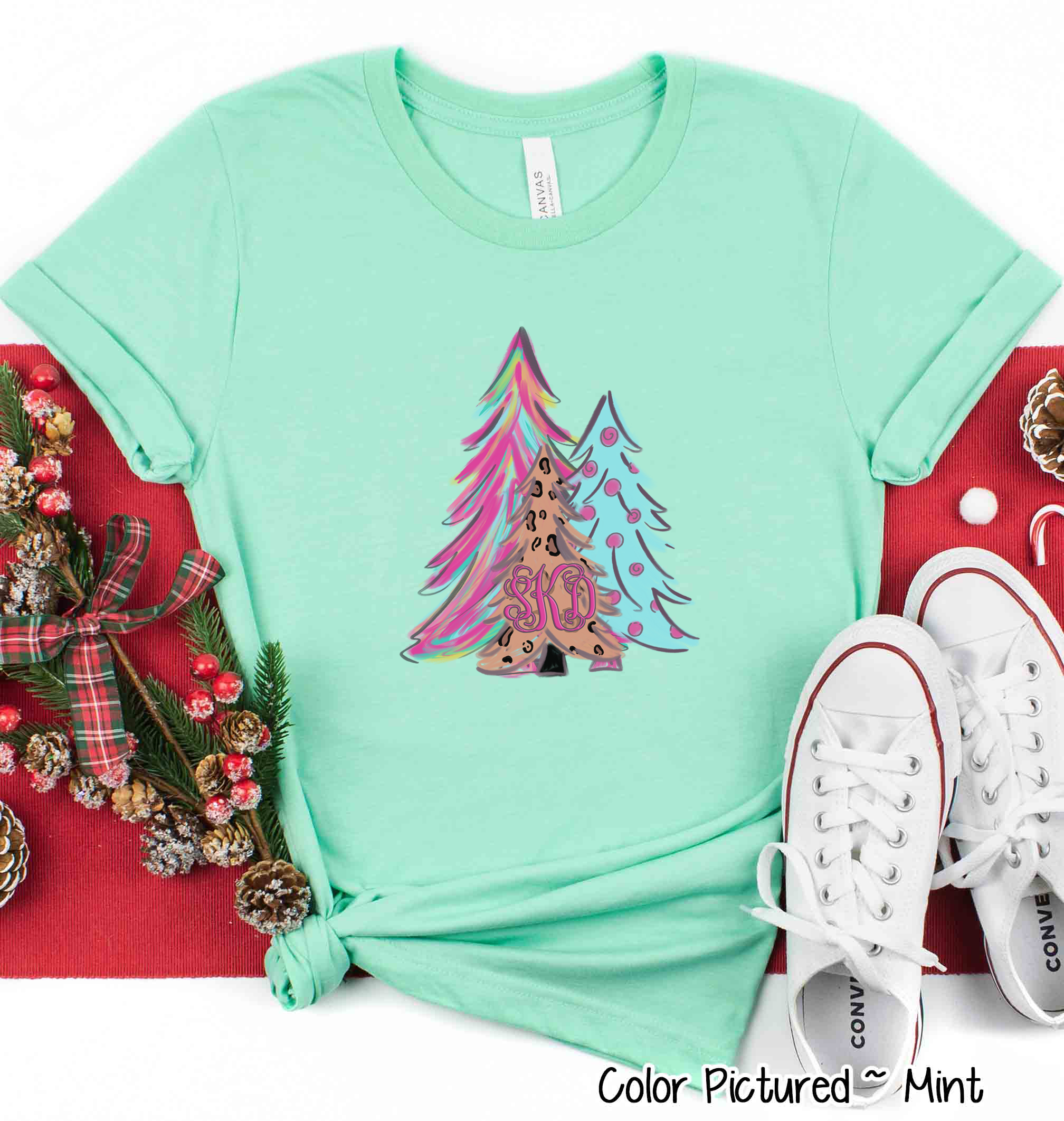 Monogrammed Watercolor Leopard Print Christmas Tree Trio Tee