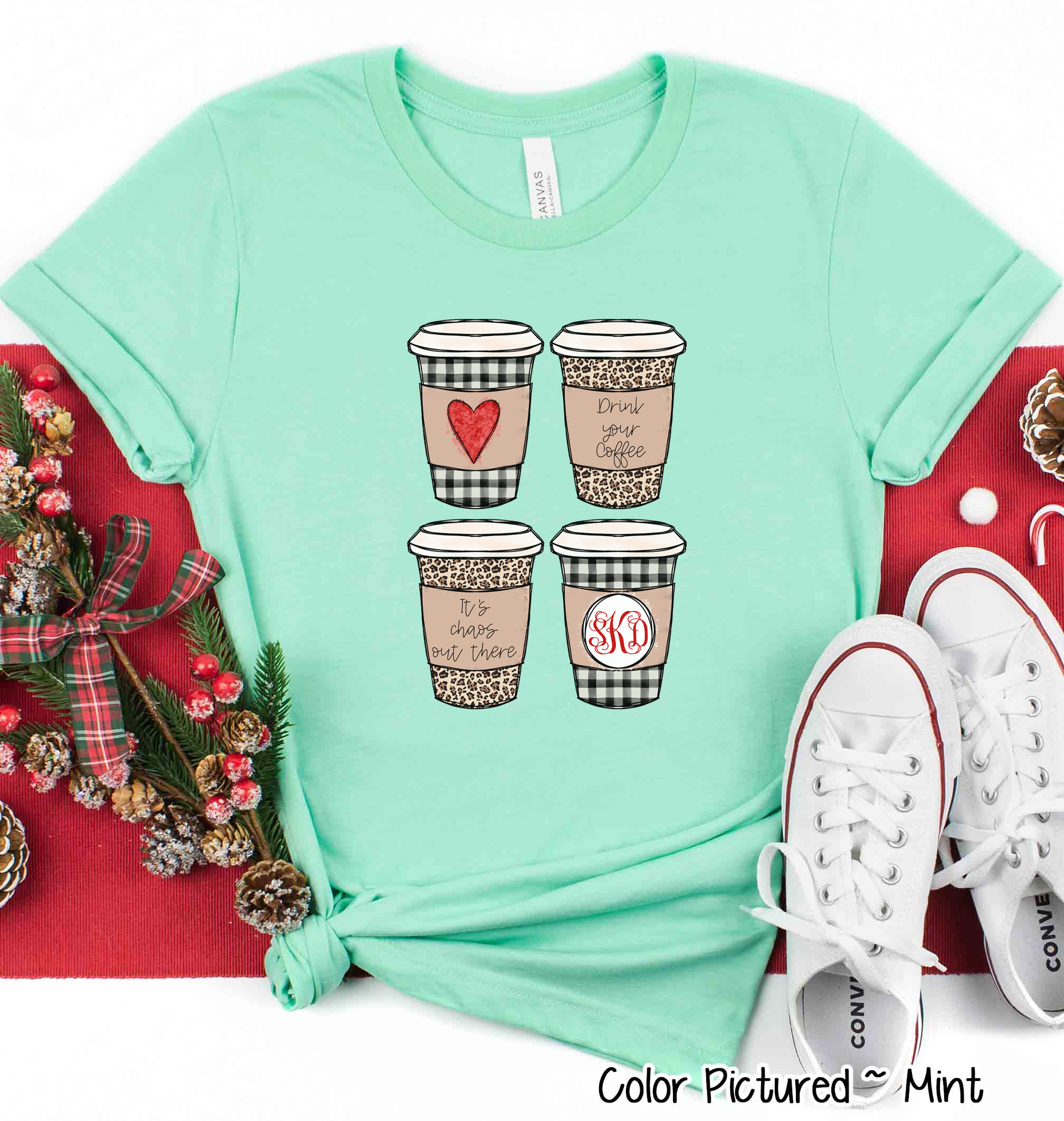 Monogrammed Leopard and Plaid Coffe Cup Christmas Tee