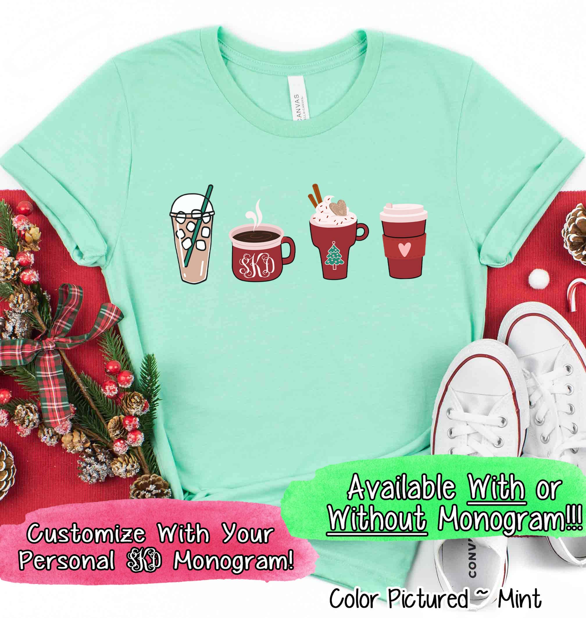 Monogrammed Coffee Latte Christmas Drinks Tee