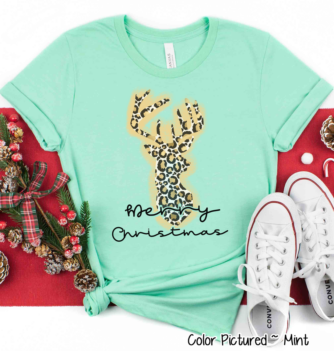 Leopard Print Reindeer Merry Christmas Tee
