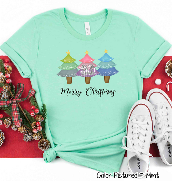 Monogrammed Merry Christmas Trees Trio Tee