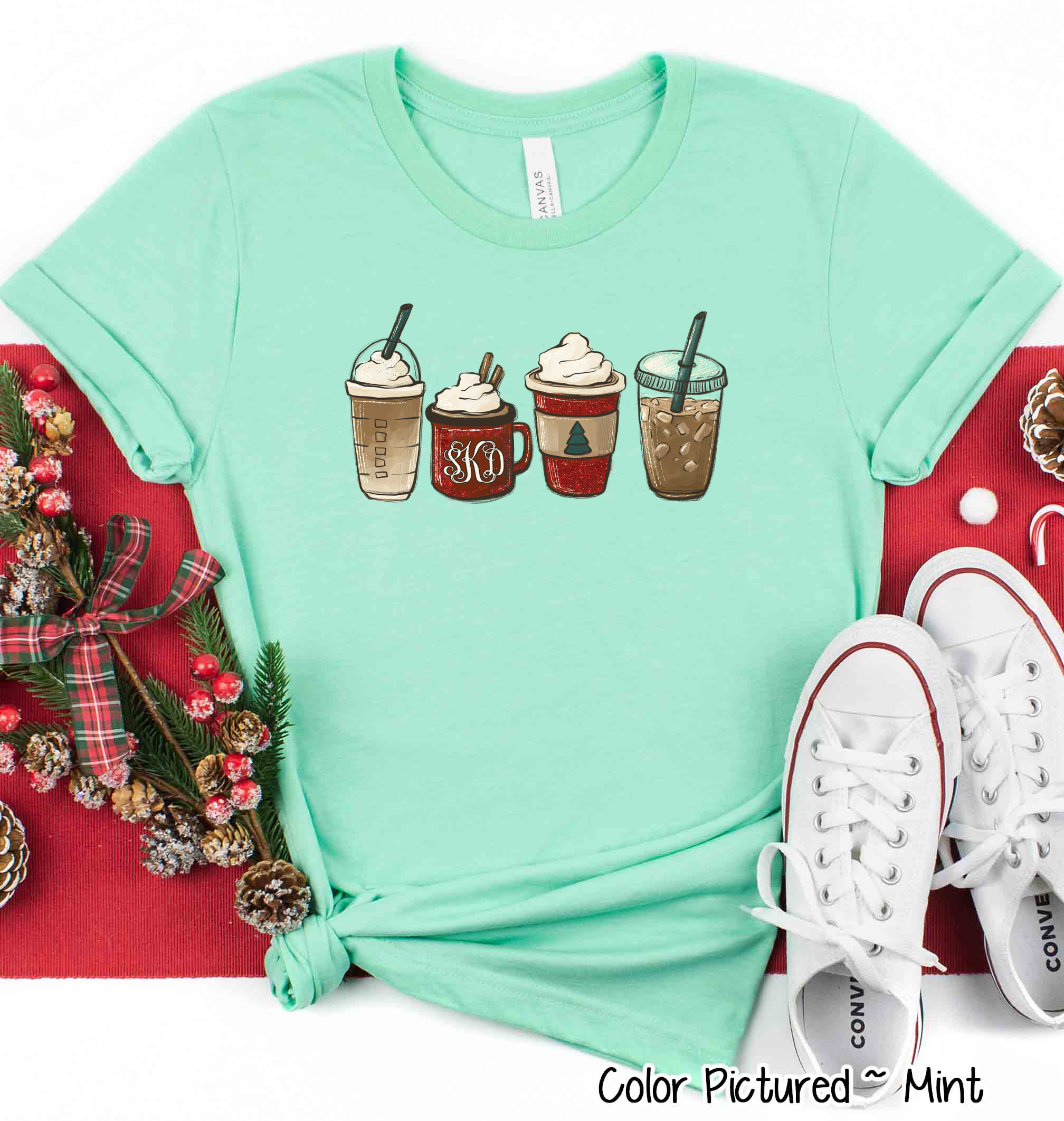 Monogrammed Set of Christmas Coffee Latte Drinks Tee