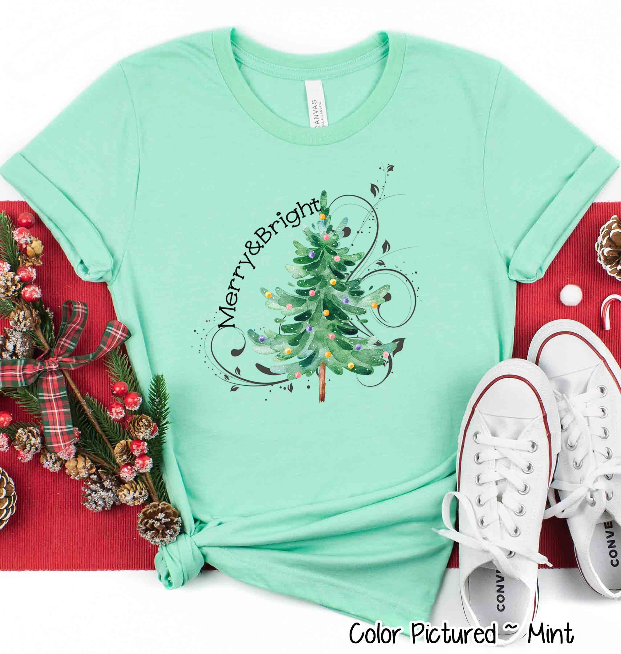 Watercolor Merry & Bright Christmas Tree Tee