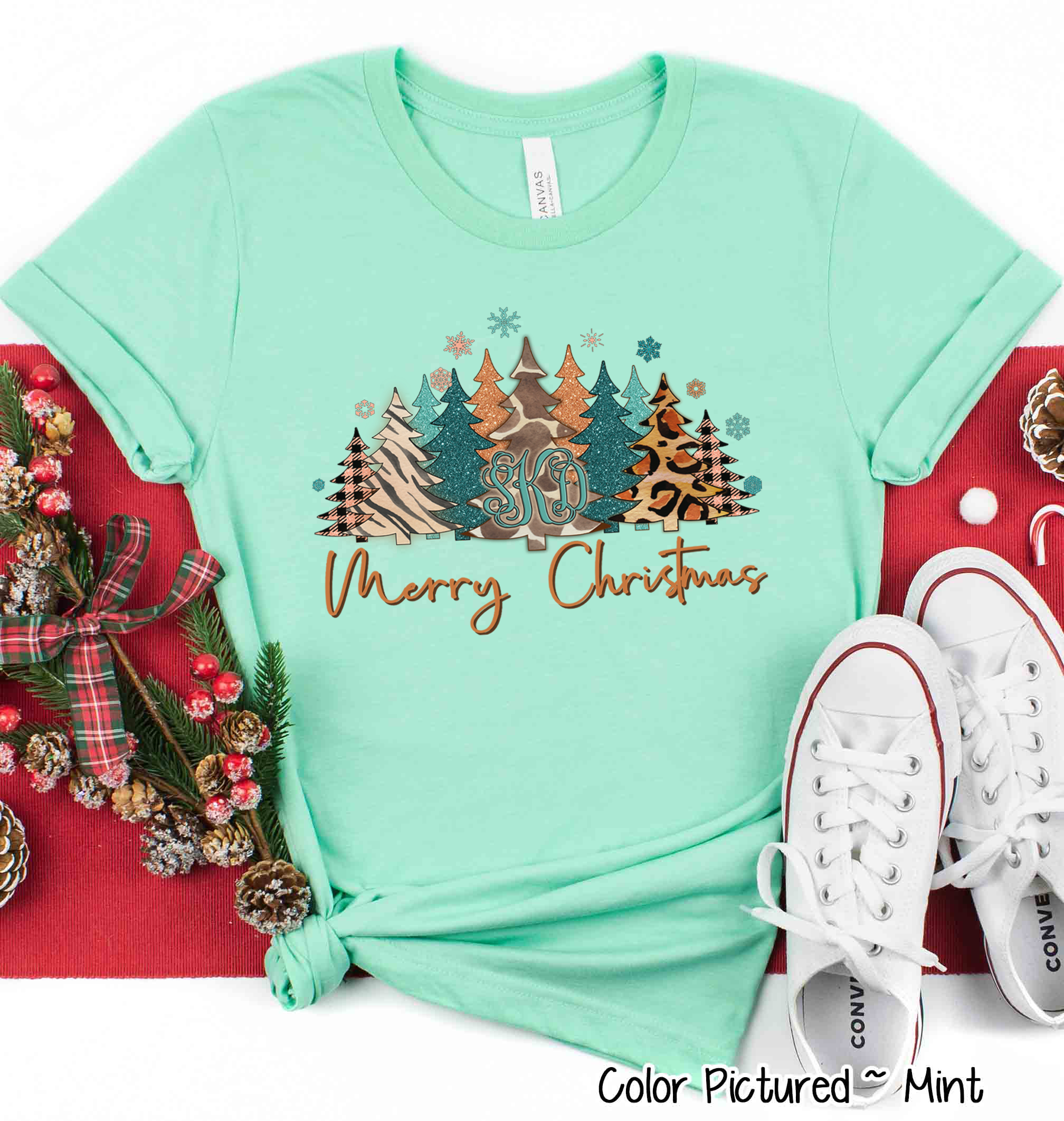Monogrammed Animal Print Leopard Merry Christmas Tree Tee