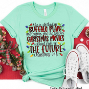 She is clothed in Buffalo Plaid Christmas Movie Tee