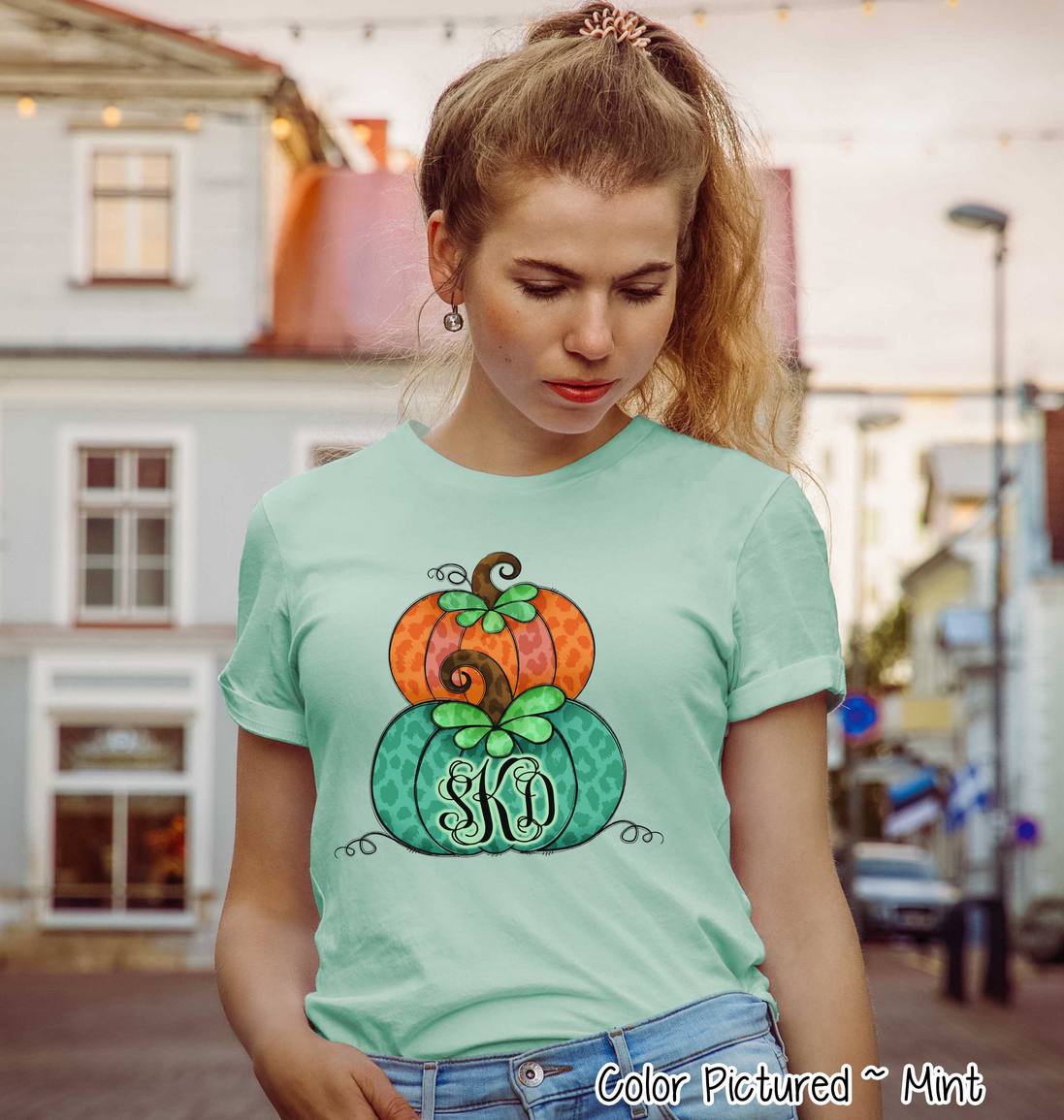 Orange & Green Leopard Stacked Pumpkin Monogram Tee