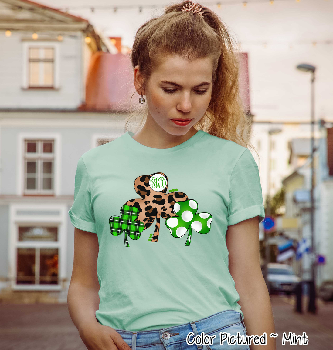 Monogram Leopard Plaid & Dot Shamrock Trio St Patricks Day Tee