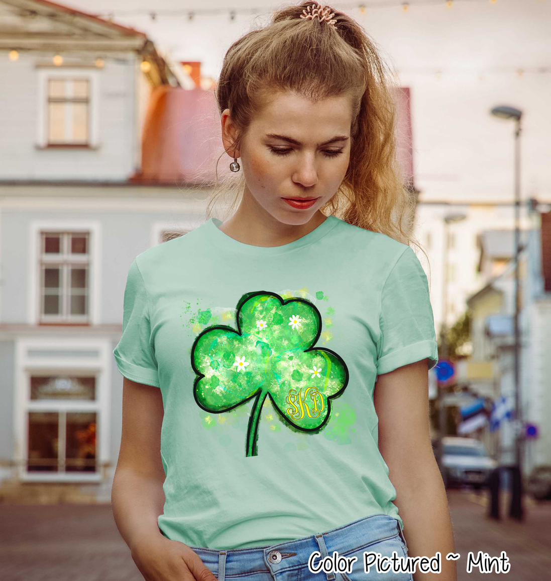 Monogram Watercolor Shamrock St Patricks Day Tee