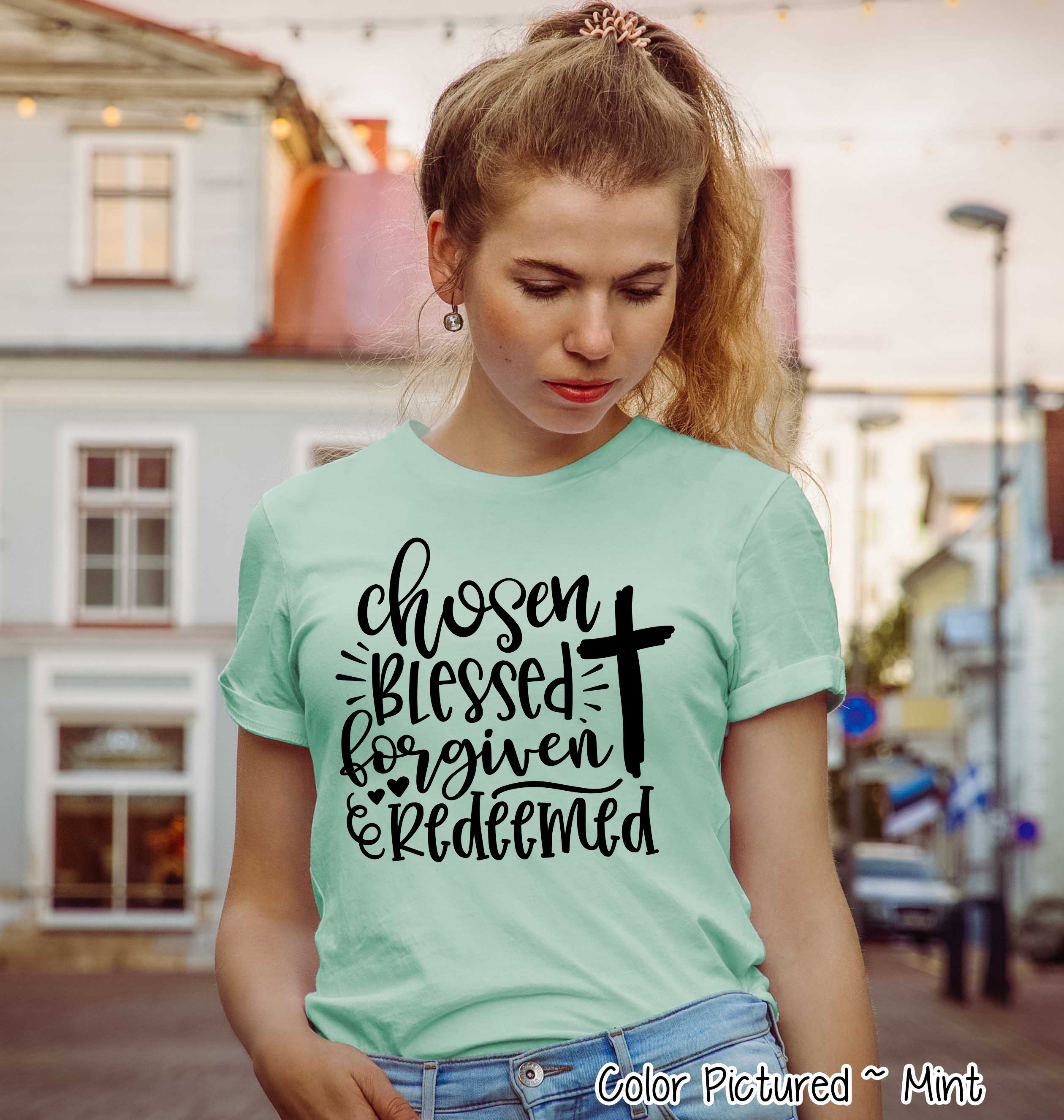 Chosen, Blessed, Forgiven, Redeemed Cross Tee