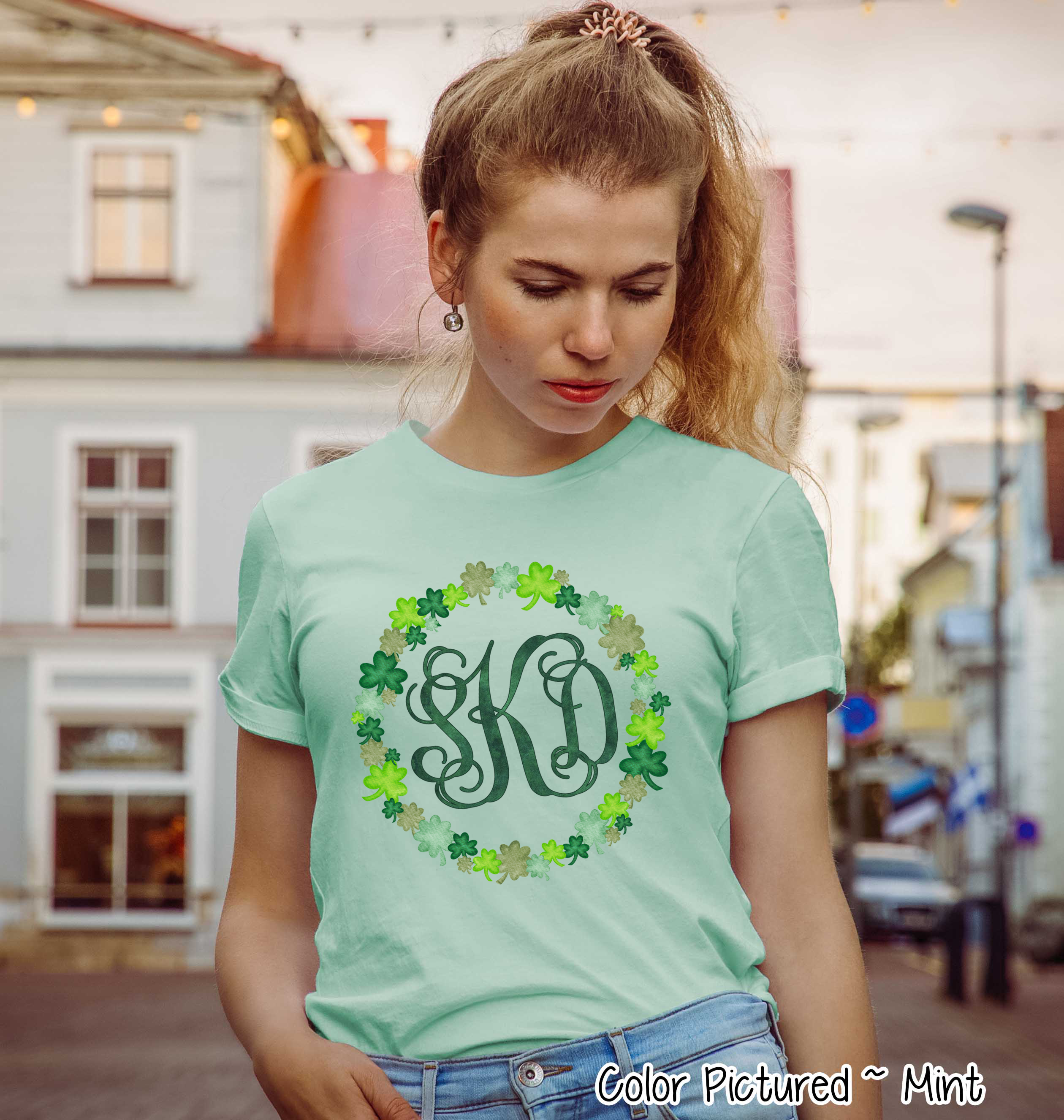 Monogram Watercolor Shamrock Wreath St Patricks Day Tee
