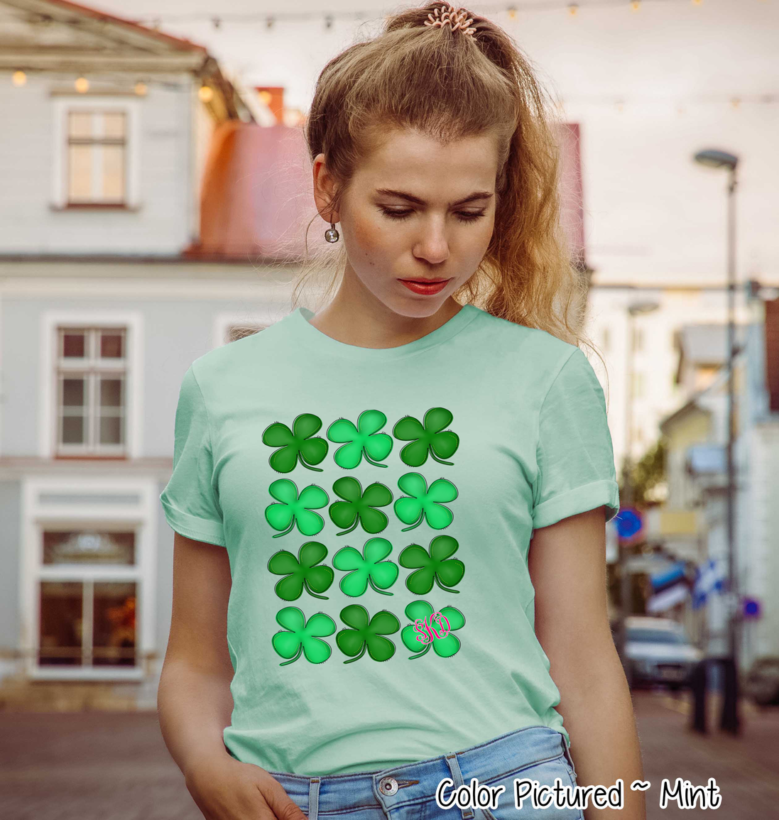 Monogram Rows of St Patricks Day Clovers Tee