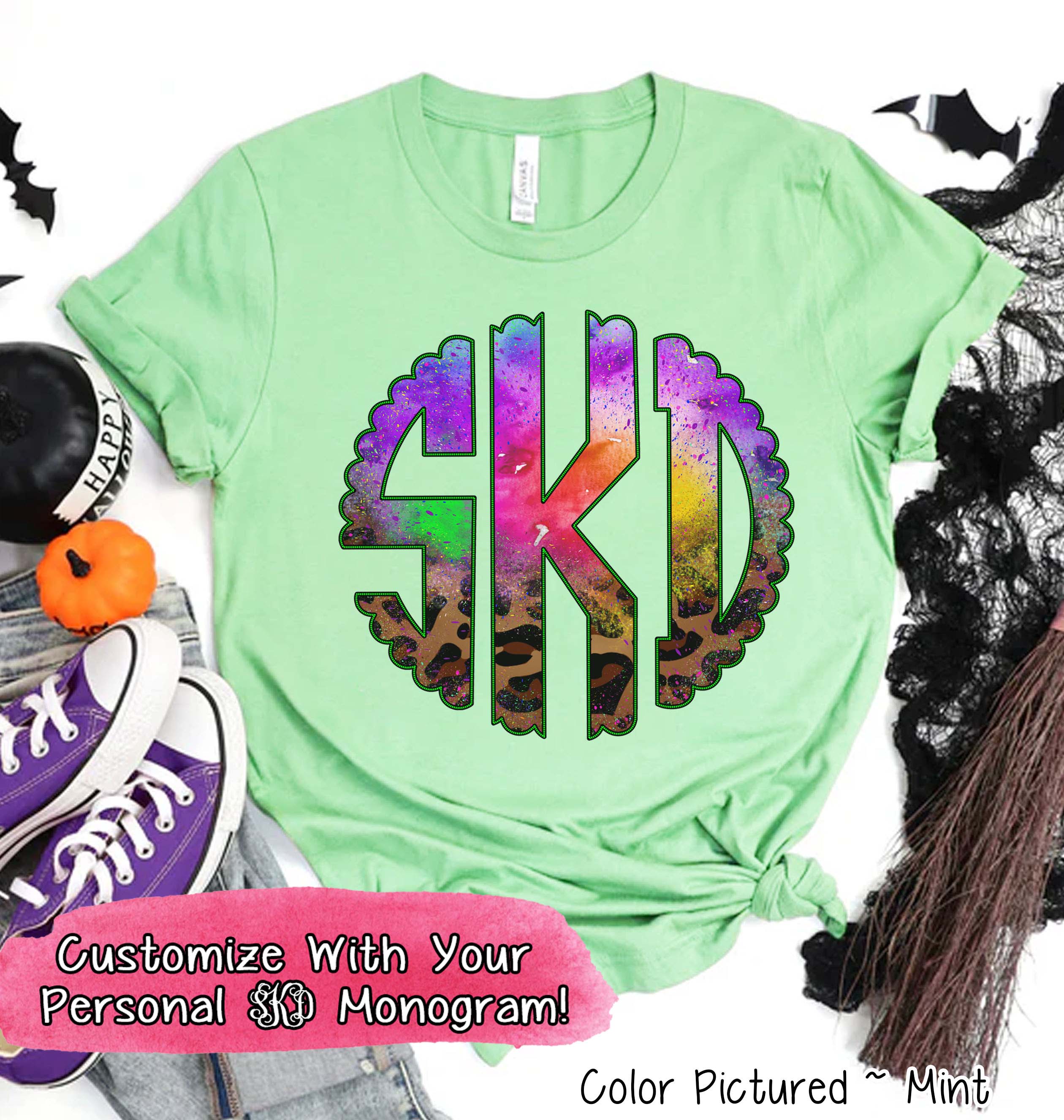 Big Monogram Watercolor & Leopard Halloween Tee