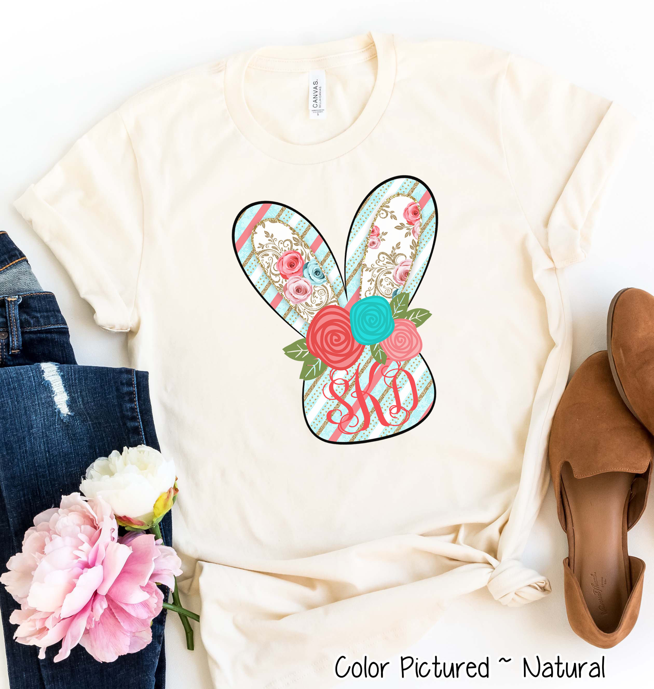 Monogram Blue and Rose Bunny Head Easter Tee