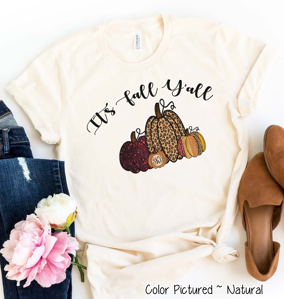 It's Fall Yall Monogram Glitter Pumpkin Fall Tee