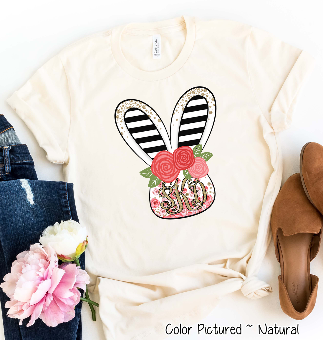Monogram Rose and Black Bunny Head Easter Tee
