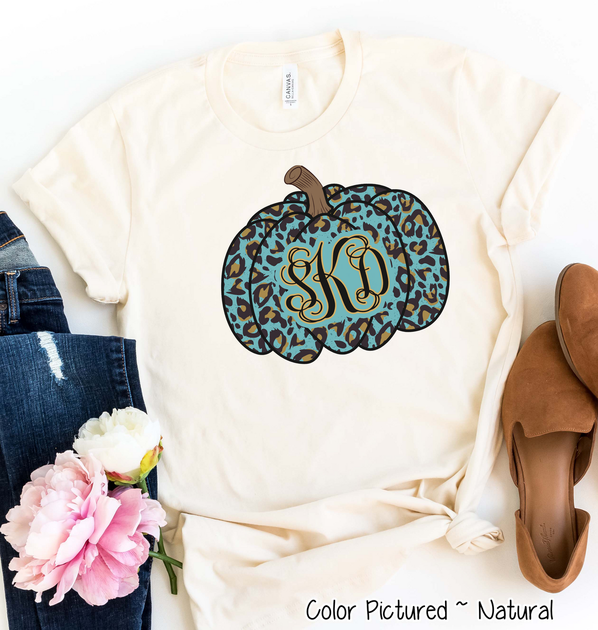 Blue Leopard Monogram Pumpkin Fall Tee