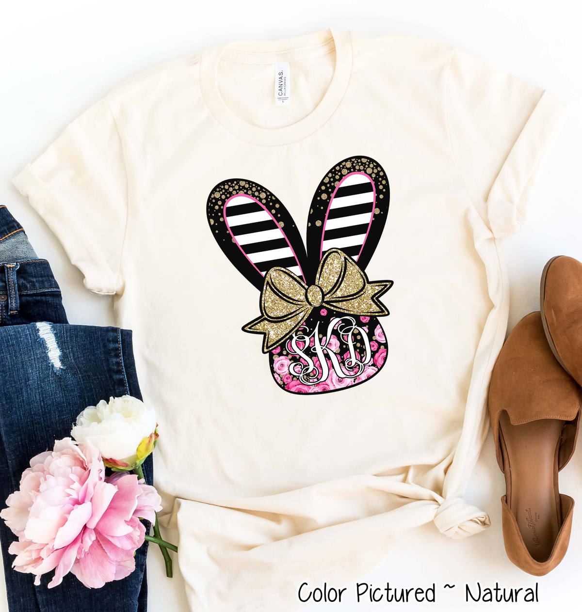 Monogram Black and Rose Bunny Head Easter Tee