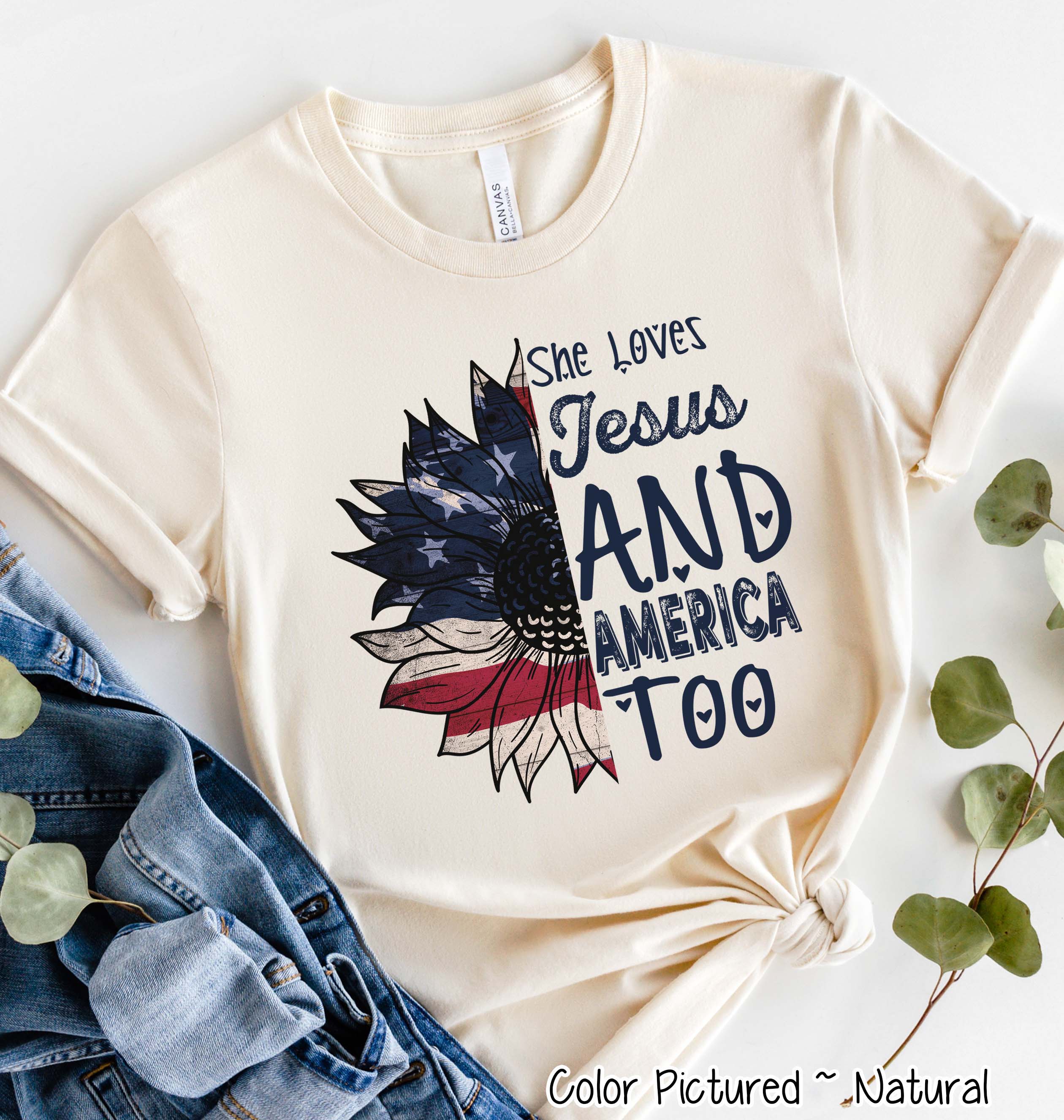 She Loves Jesus & America Too Patriotic Sunflower Tee