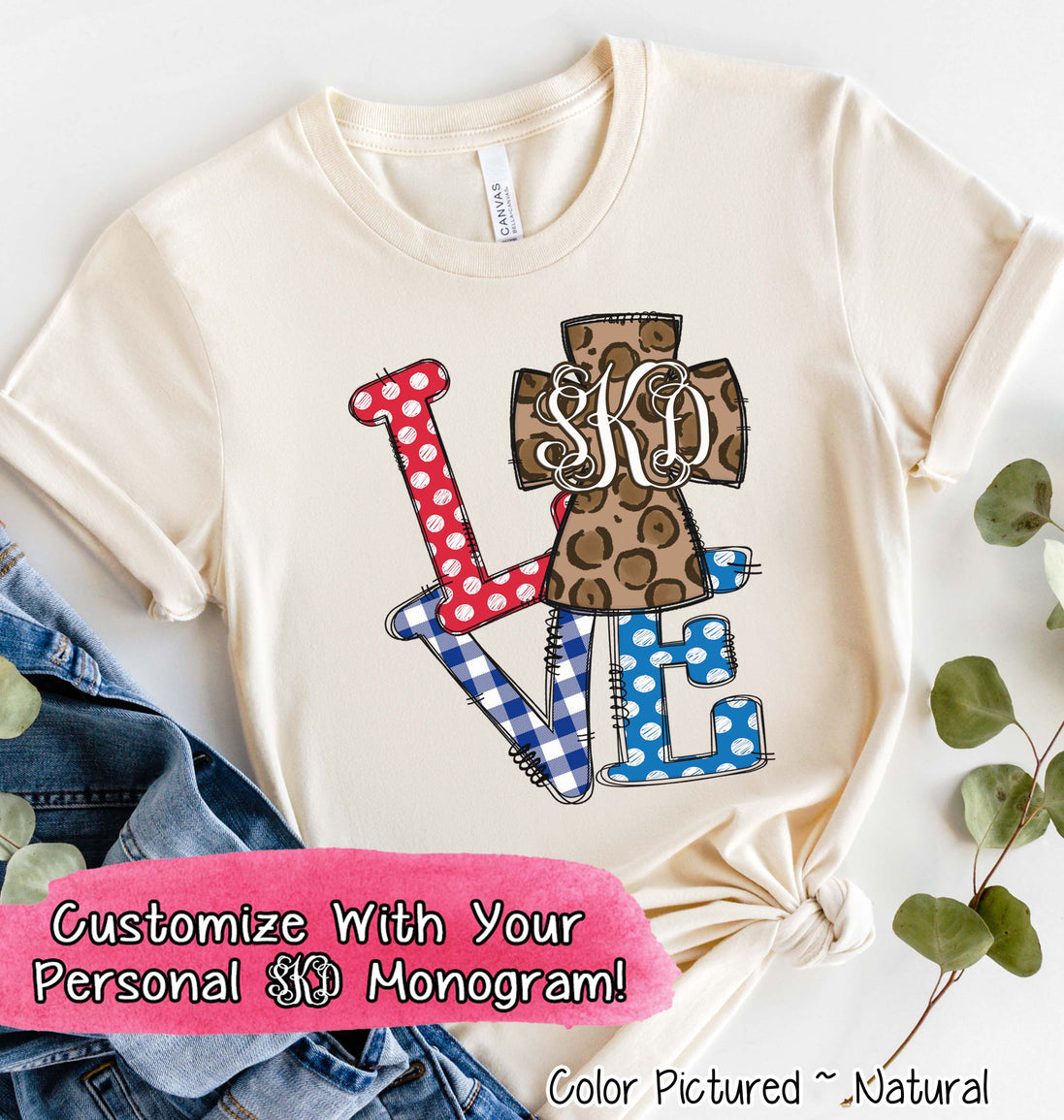 Patriotic LOVE with Leopard Cross Monogram Tee