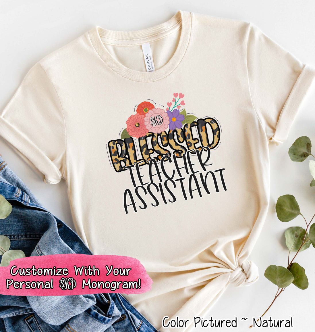 Monogram Blessed Leopard School Staff Tee