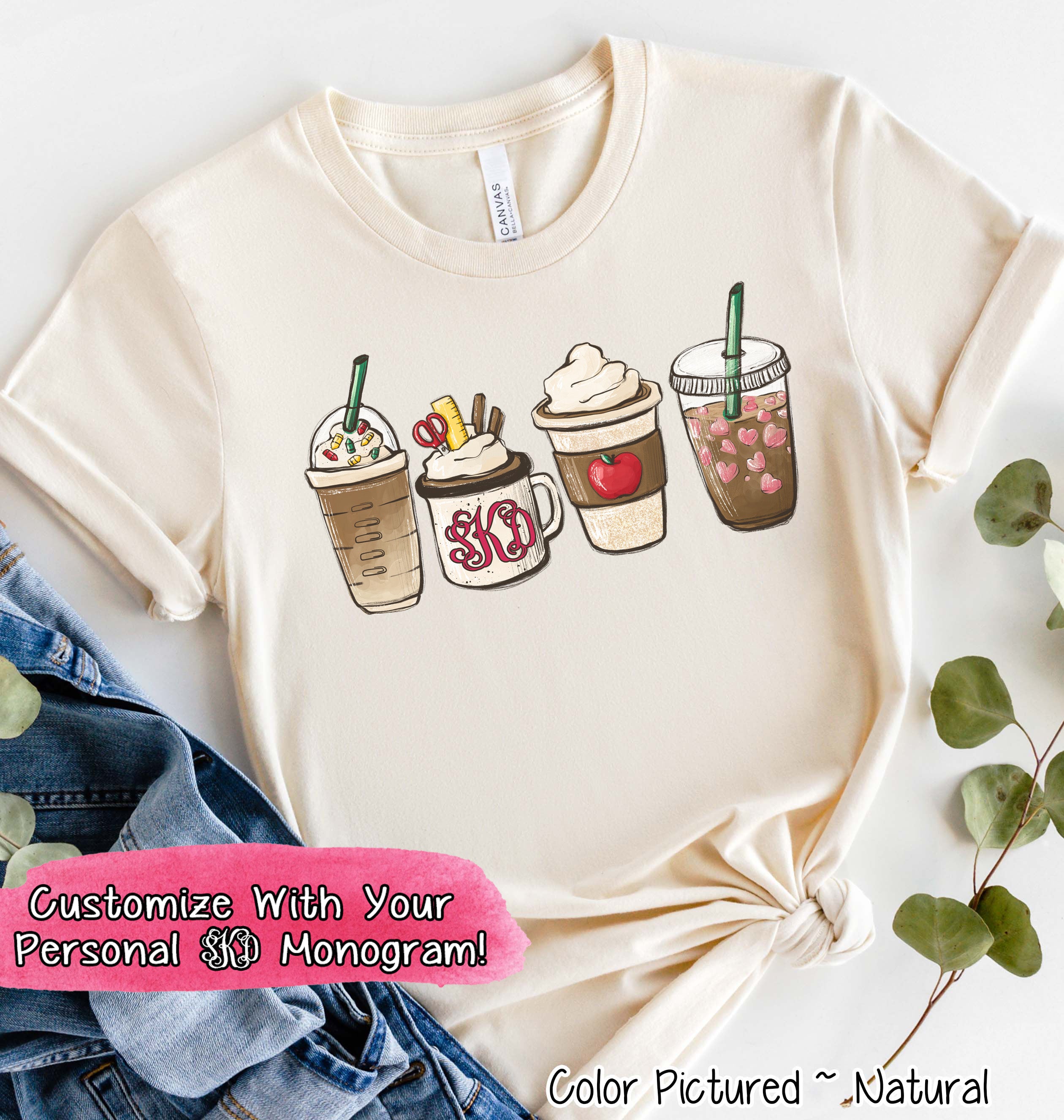 Monogram Coffee Latte Teacher Tee