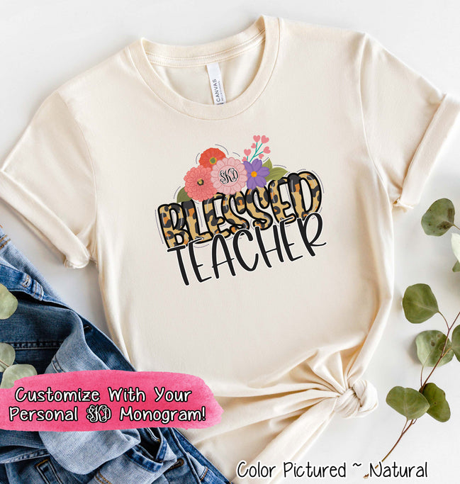Monogram Blessed Leopard Teacher Tee