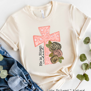 He Is Risen Pink Leopard Cross Easter Tee