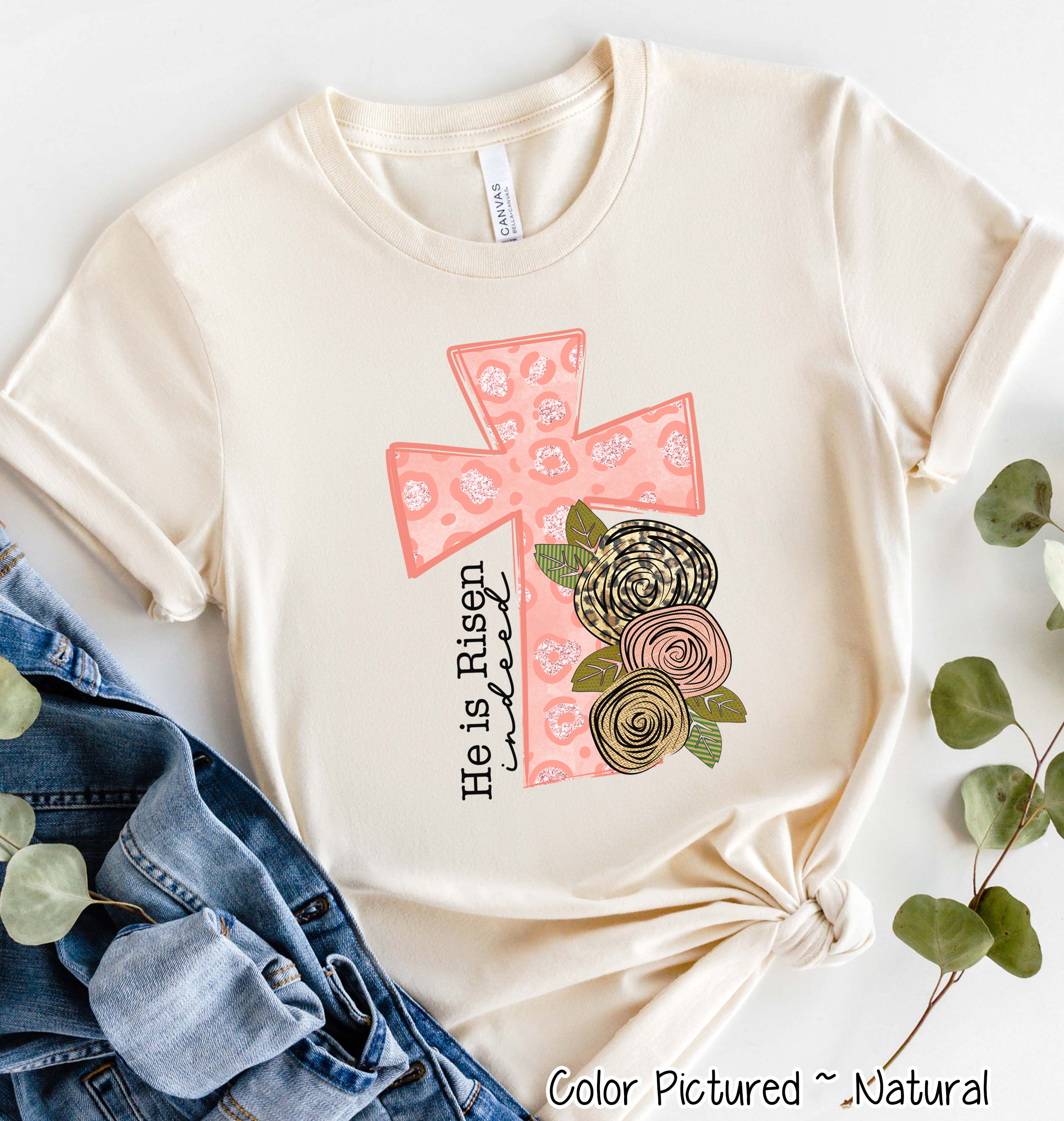 He Is Risen Pink Leopard Cross Easter Tee