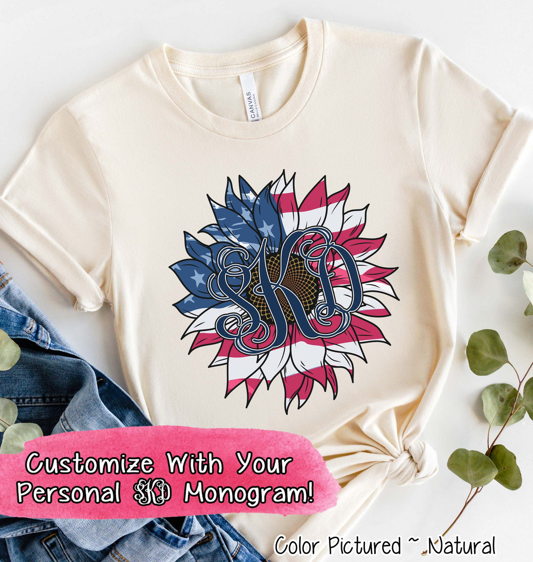 Patriotic Red White & Blue Sunflower Monogram Tee