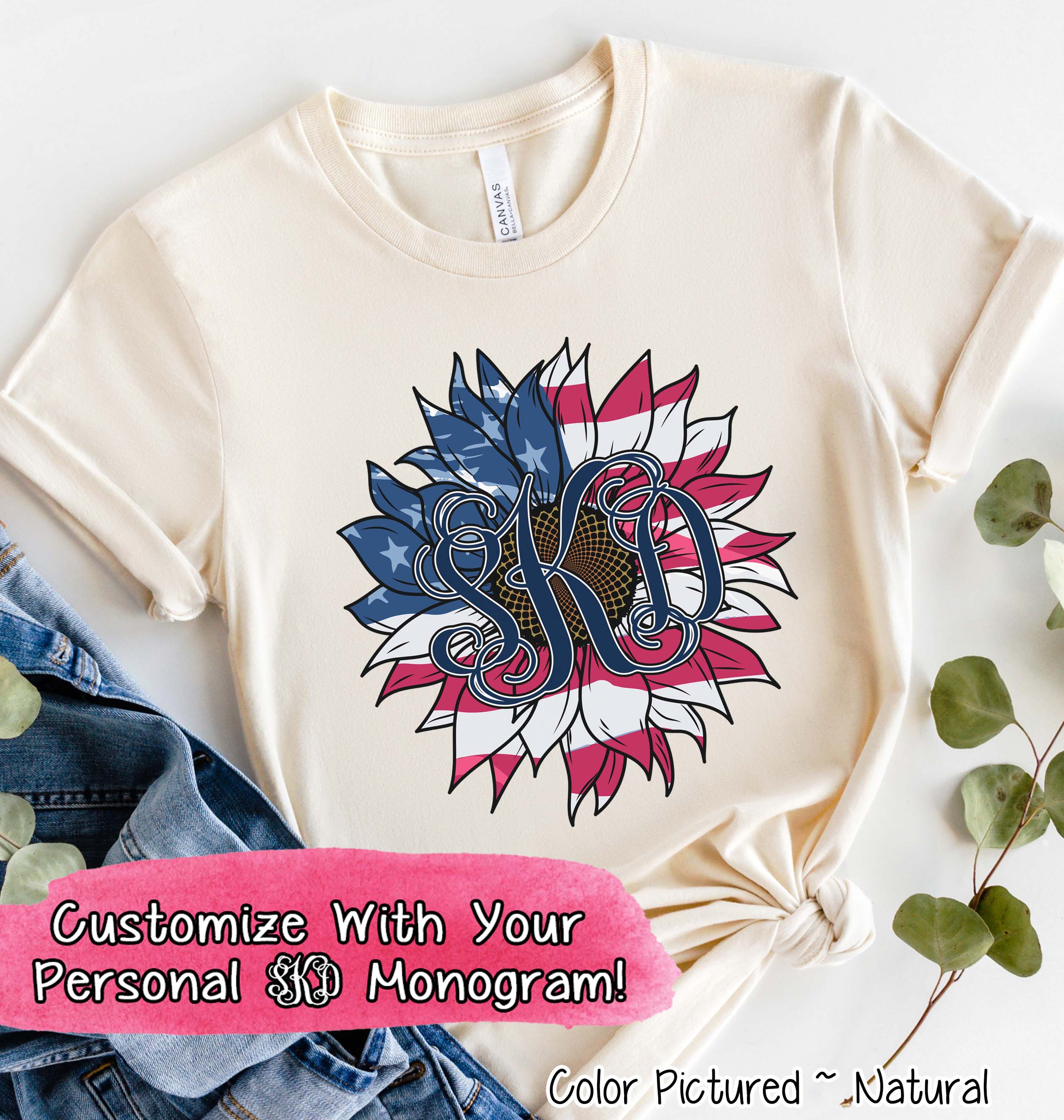 Patriotic Red White & Blue Sunflower Monogram Tee