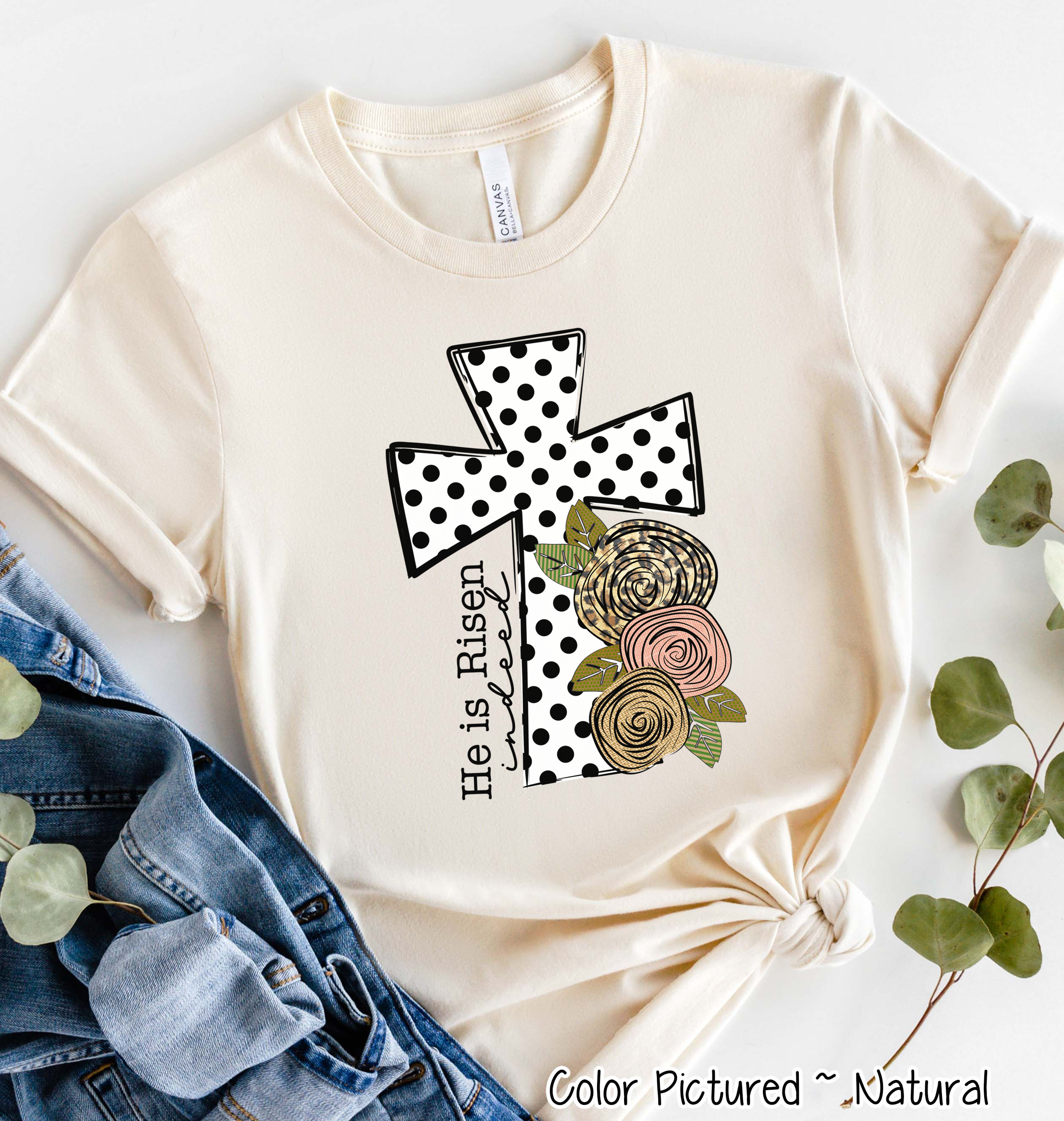 He Is Risen Black Dot Cross Easter Tee