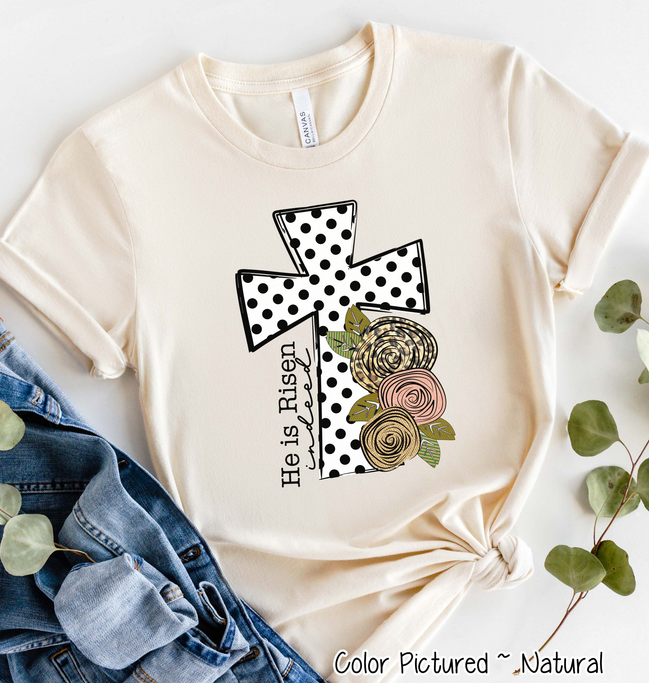 He Is Risen Black Dot Cross Easter Tee