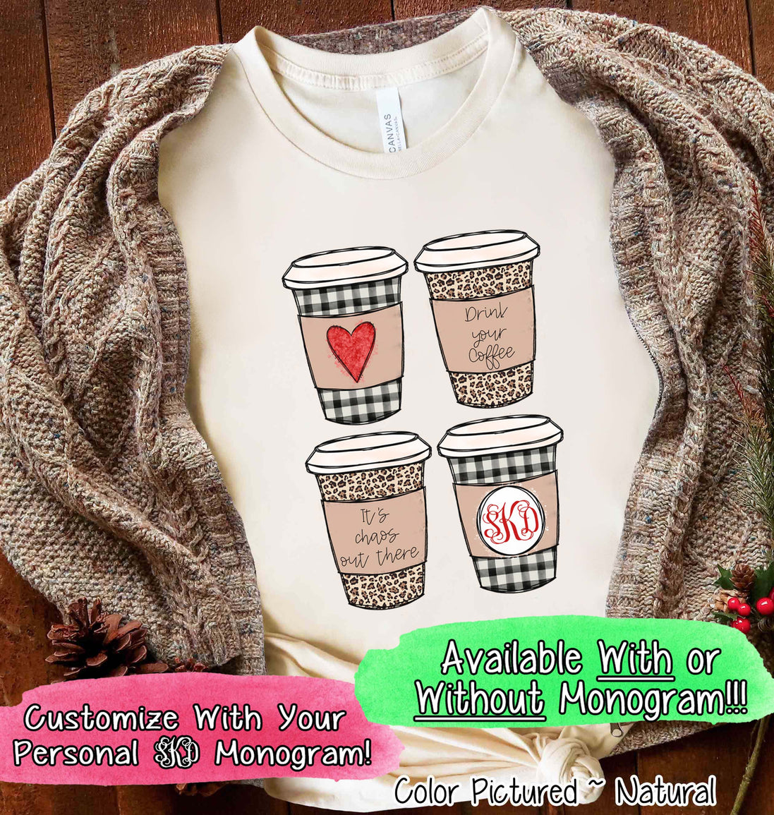 Monogrammed Leopard and Plaid Coffe Cup Christmas Tee