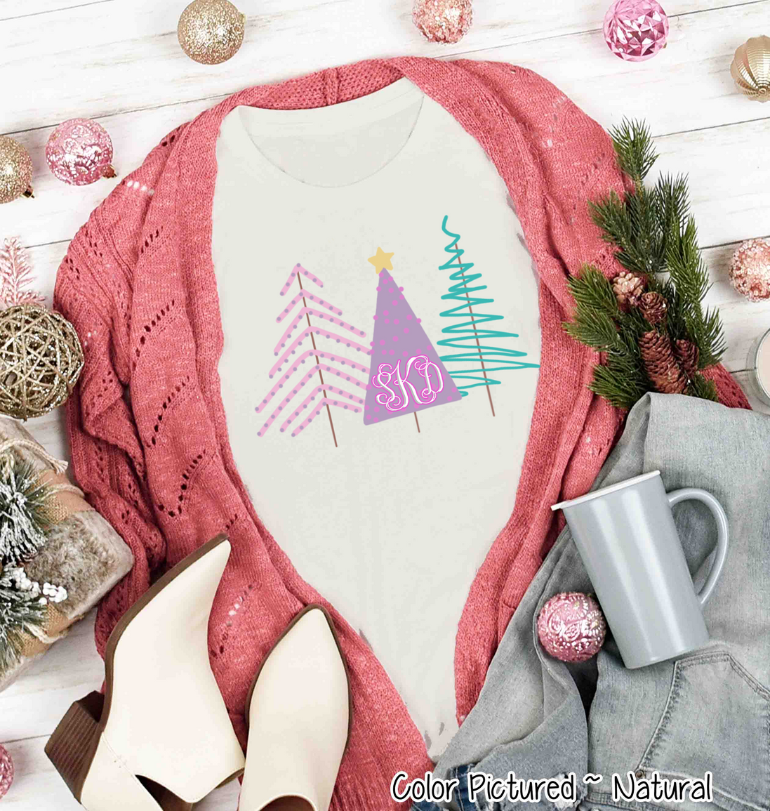 Monogrammed Modern Pastel Christmas Tree Tee