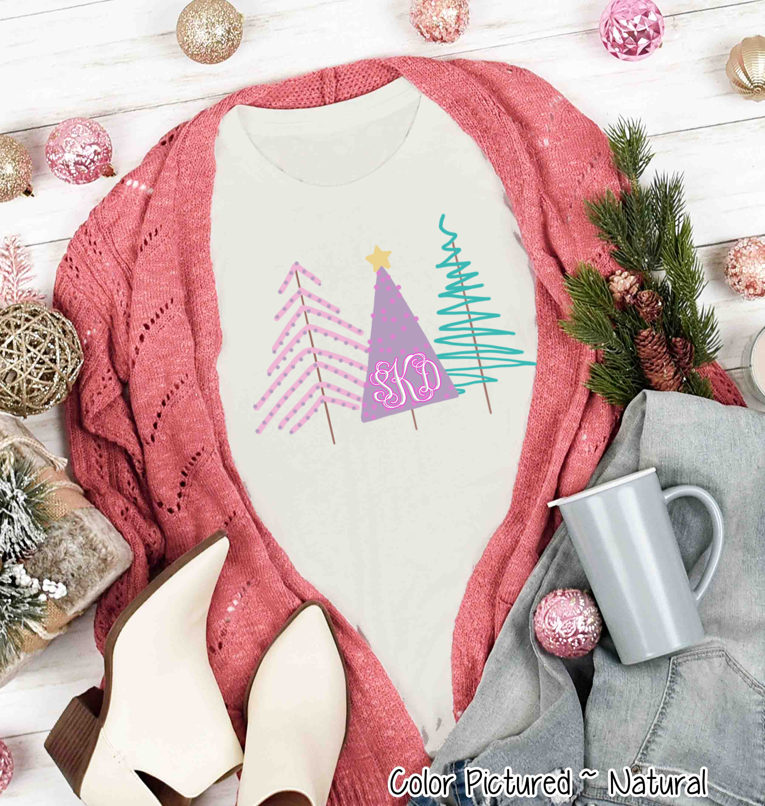 Monogrammed Modern Pastel Christmas Tree Tee