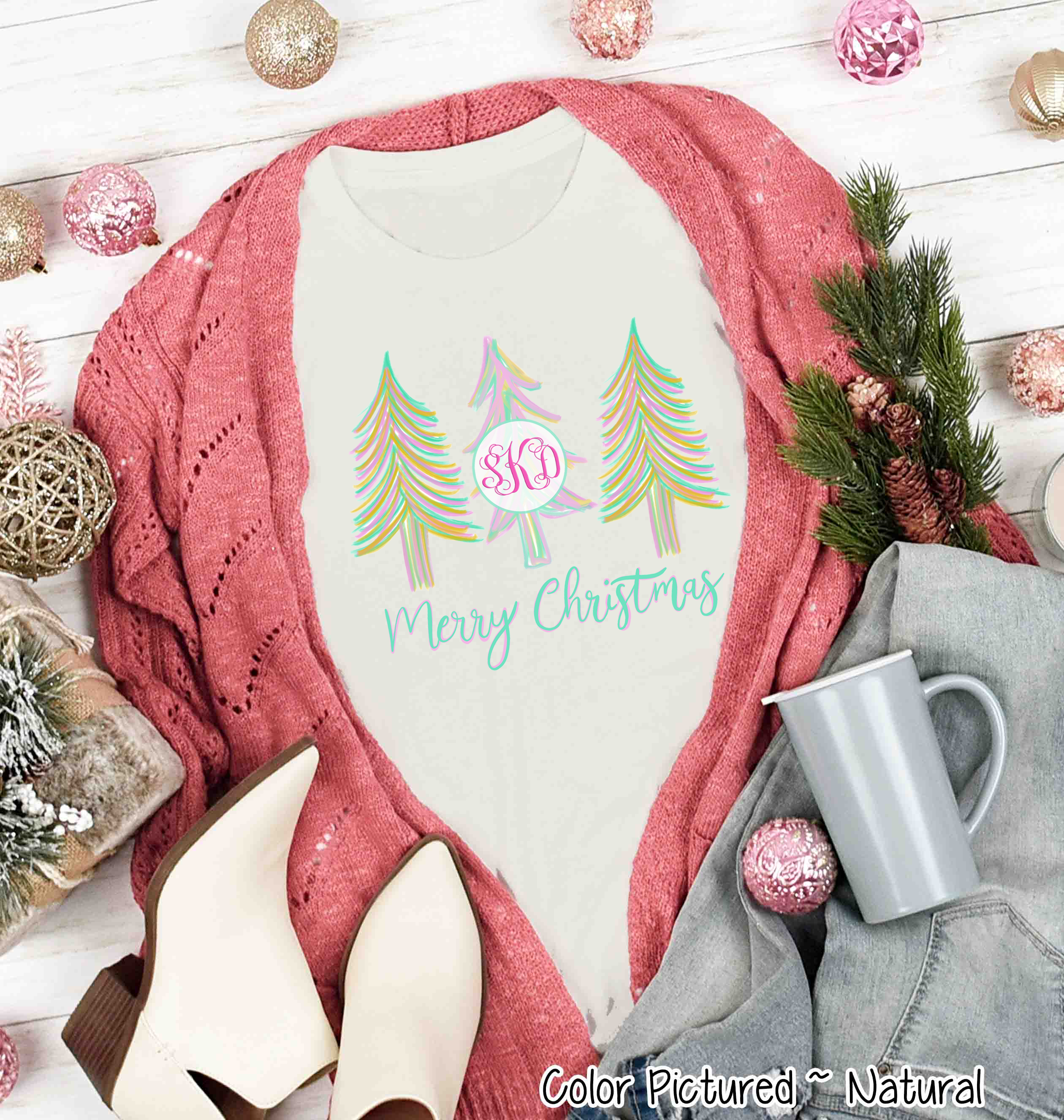 Monogrammed Pastel Merry Christmas Trees Tee