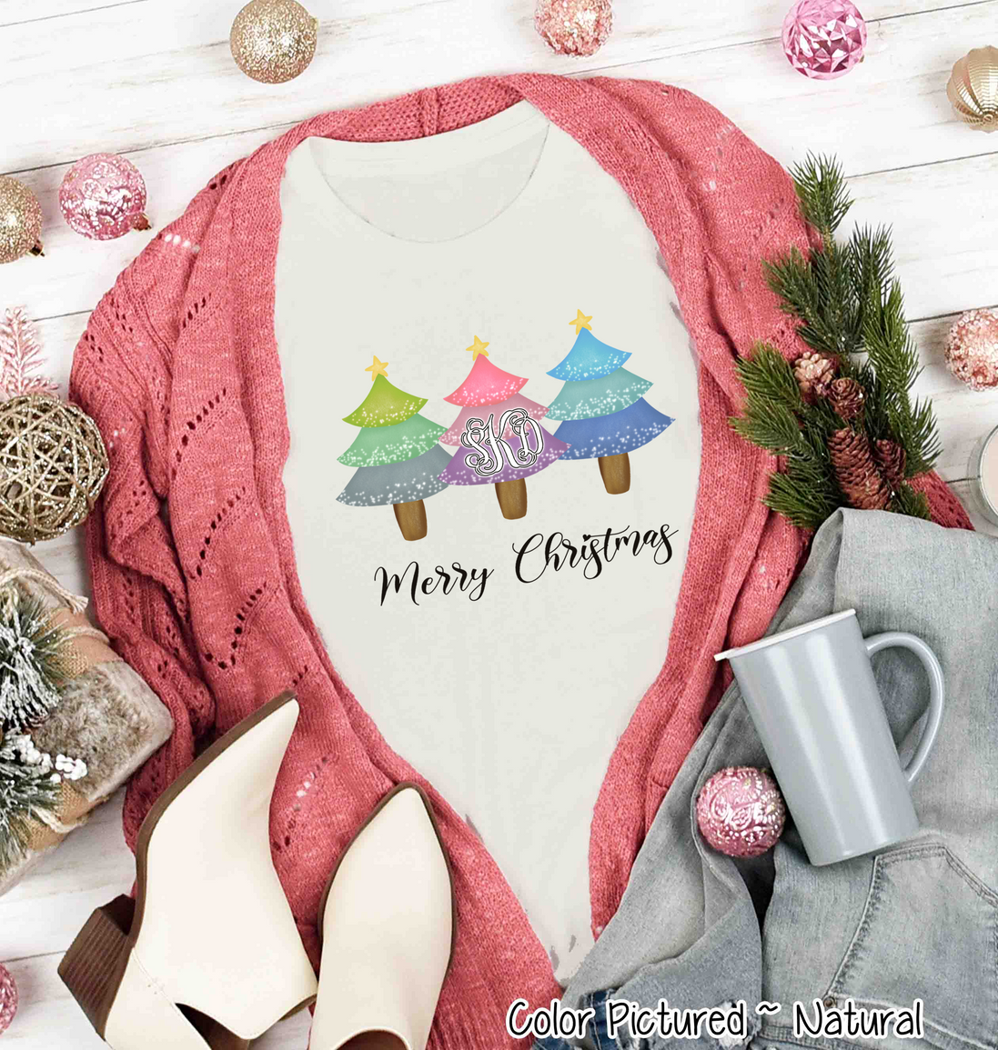 Monogrammed Merry Christmas Trees Trio Tee