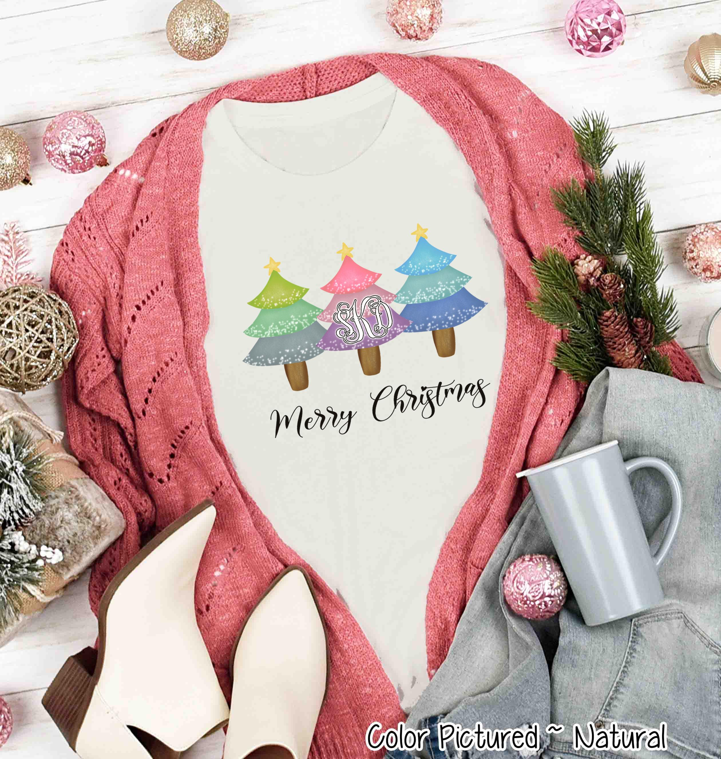 Monogrammed Merry Christmas Trees Trio Tee