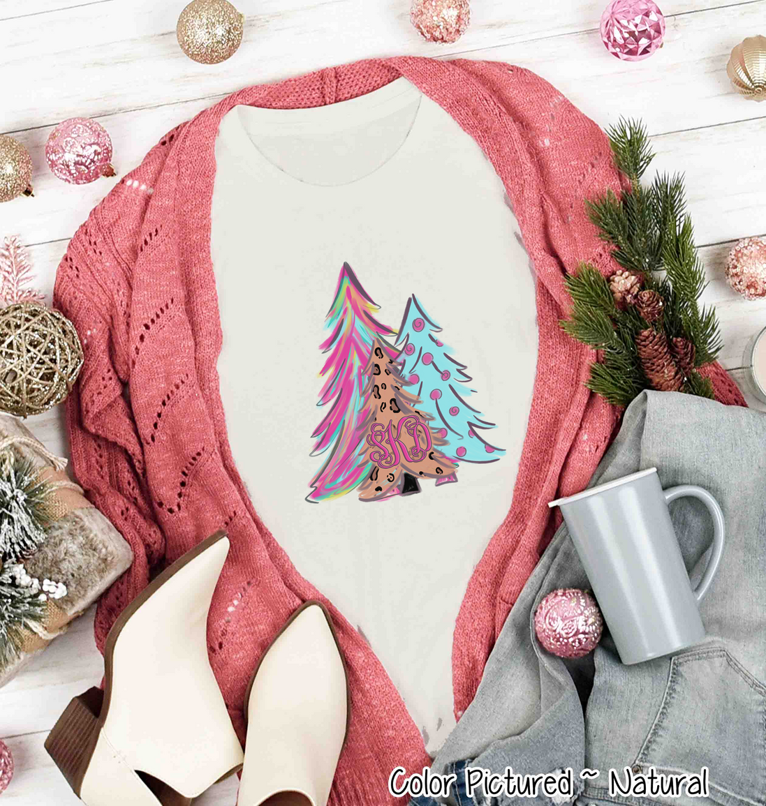Monogrammed Watercolor Leopard Print Christmas Tree Trio Tee