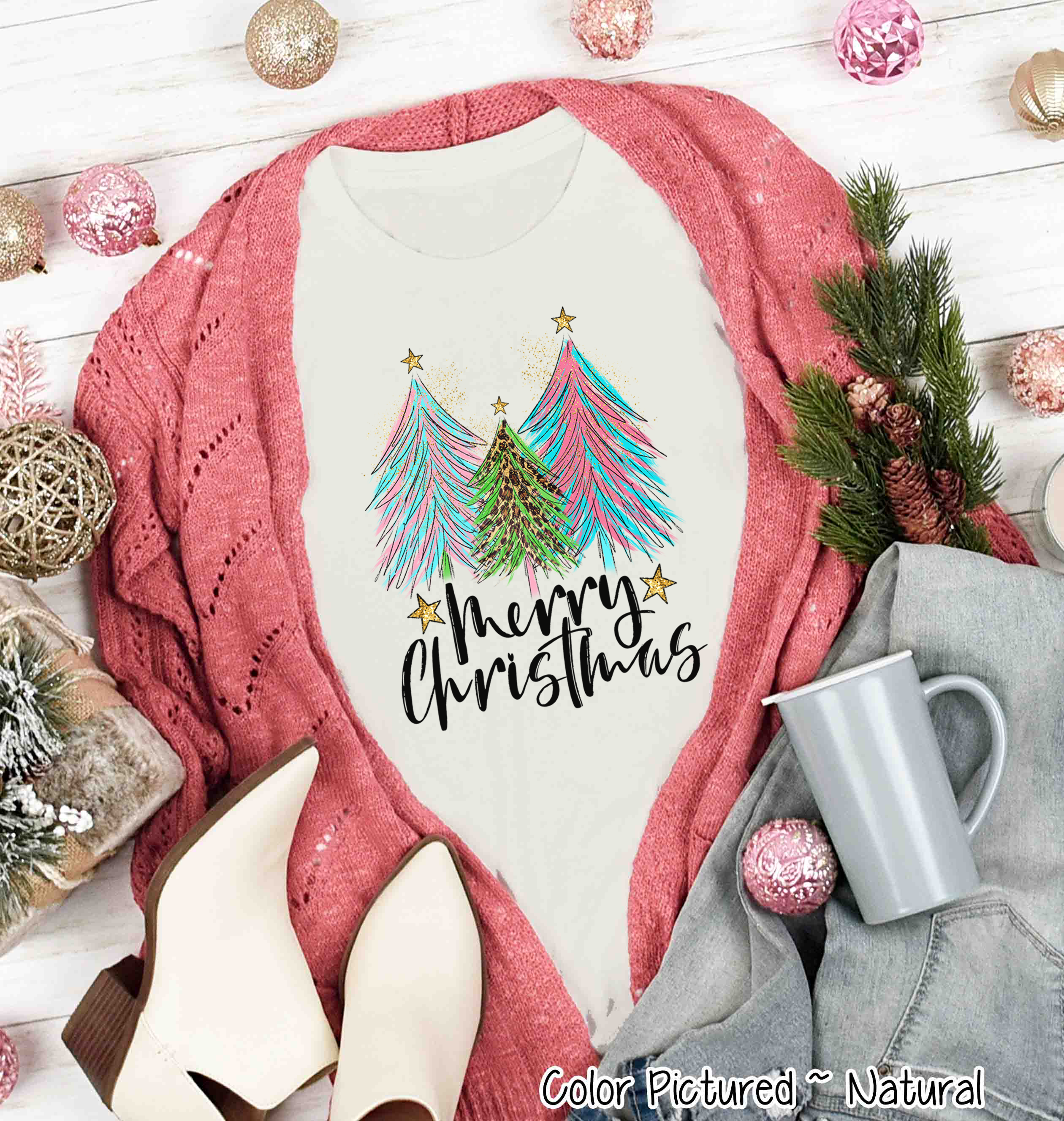 Merry Christmas Pink Blue Leopard Christmas Tree Tee