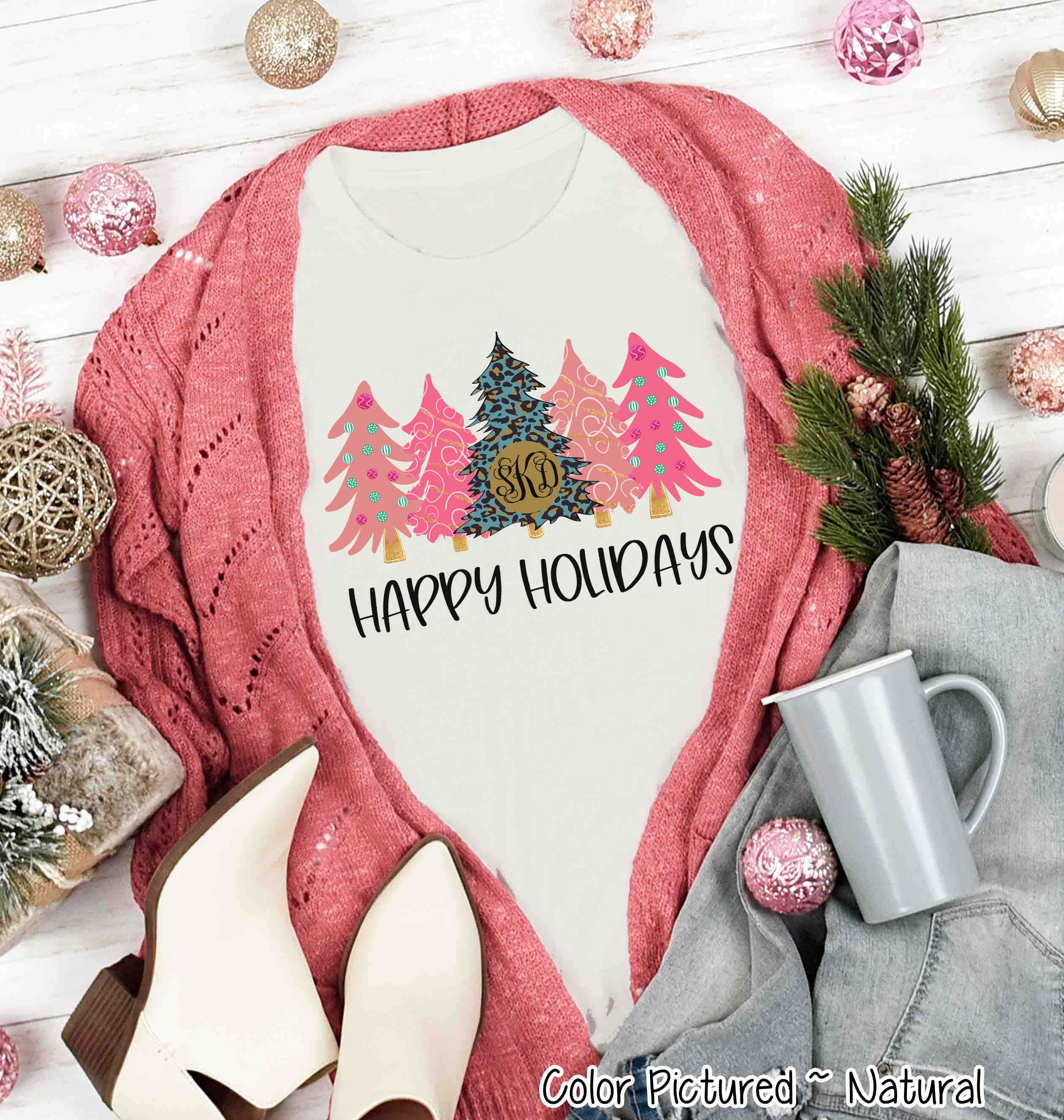 Monogrammed Blue Leopard and Pink Christmas Trees Tee