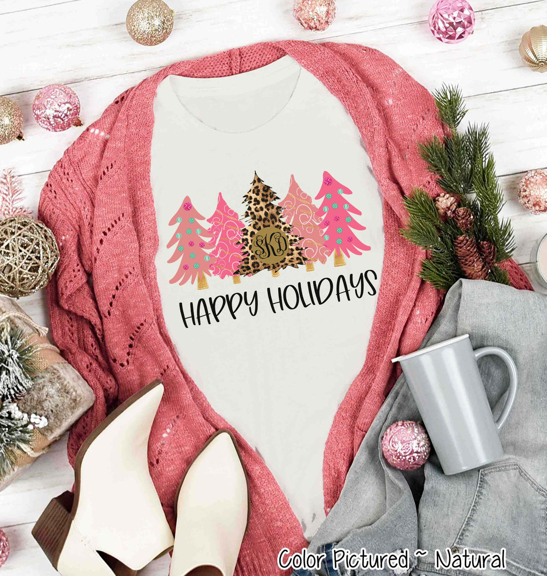 Monogrammed Leopard and Pink Christmas Trees Tee