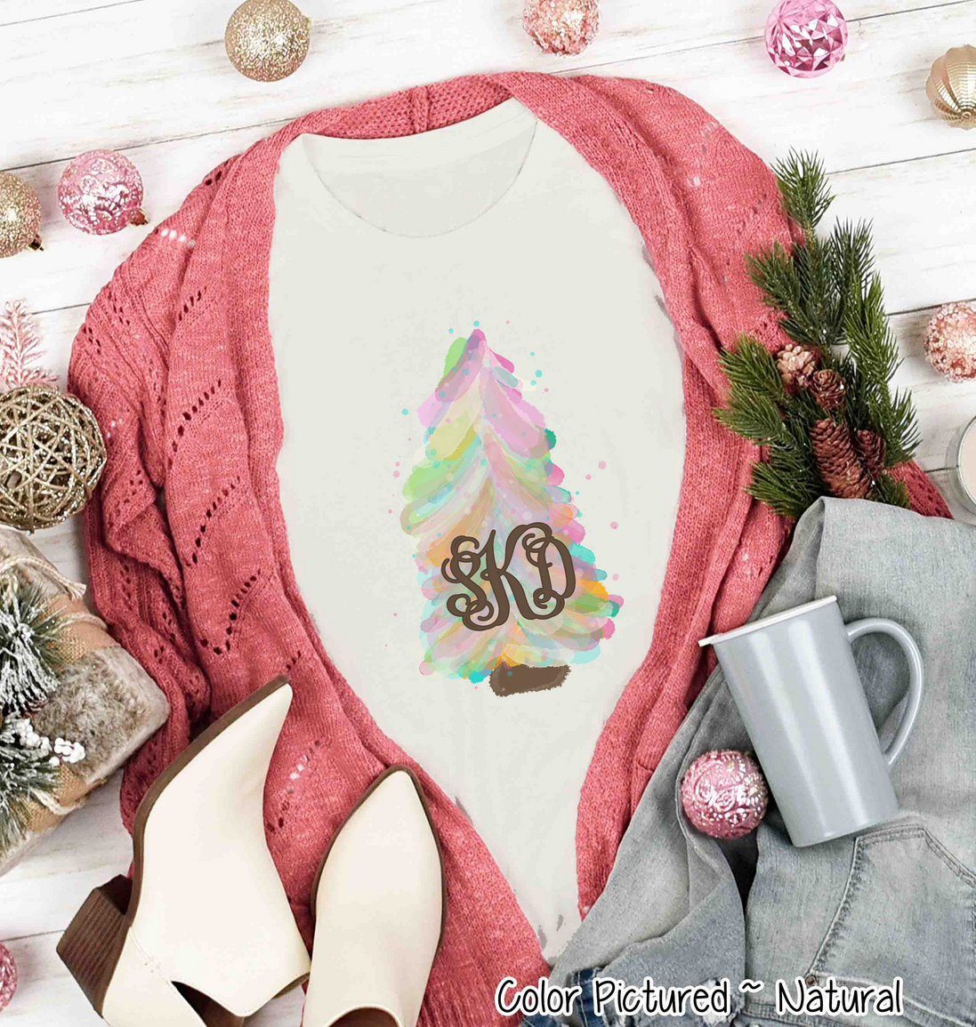 Monogrammed Watercolor Pastel Christmas Tree Tee