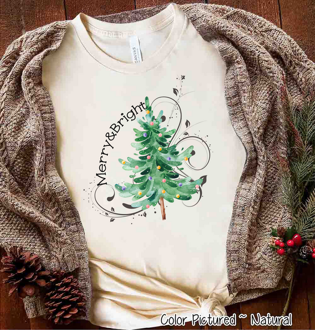 Watercolor Merry & Bright Christmas Tree Tee