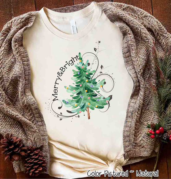 Watercolor Merry & Bright Christmas Tree Tee
